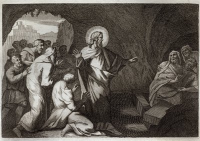 Royaumont Bible, Uusi testamentti: Lasaruksen ylösnousemus Jeesuksen Kristuksen toimesta. Kuvitus vuodelta 1811. tekijältä Unknown artist