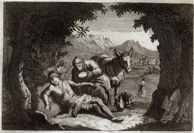 Royaumont Raamattu, Uusi testamentti: Vertaus laupiaasta samarialaisesta. Samarialainen pysähtyi matkallaan pelastamaan hädässä olevaa miestä. Kuvitus vuodelta 1811. tekijältä Unknown artist