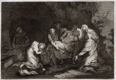 Royaumont Raamattu, Uusi testamentti: Hauta. Jeesuksen Kristuksen hauta. Jeesuksen Kristuksen ruumista ympäröivien henkilöiden joukossa: Neitsyt Maria, Pyhä Nikodema, Pyhä Joosef Arimatialainen, Pyhä Johannes Evankelista ja Pyhä Maria Magdaleena. Kuva 18 tekijältä Unknown artist