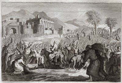 Royaumont Bible, Uusi testamentti: Jeesuksen Kristuksen voitto. Jeesuksen sisäänkäynti Jerusalemiin. Kuvitus vuodelta 1811. tekijältä Unknown artist