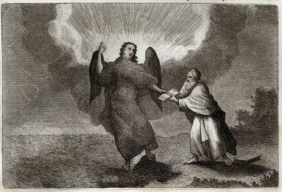 Royaumont Raamattu, Uusi testamentti: Pyhän Johanneksen näky. Näky enkelistä avoimen kirjan kanssa antaa Pyhän Johanneksen niellä hänet. Kuvitus vuodelta 1811. tekijältä Unknown artist