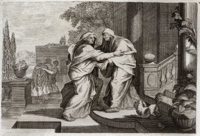 Royaumont Raamattu, Uusi testamentti: Vierailu. Siunattu Neitsyt Maria vierailee serkkunsa Elisabethin luona. Kuvitus vuodelta 1811. tekijältä Unknown artist