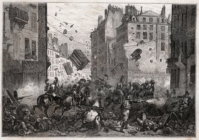 Rue Saint-Antoine Trois-Glorieuses-aikana (heinäkuu 1830) - 1830-vallankumous Barrikadin taistelussa Rue Saint-Antoinen (Saint Antoine) vuonna 1830 tekijältä Unknown artist
