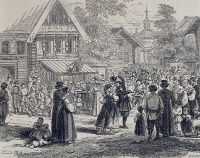 Venäjä (19. vuosisata). Juhlat kylässä. 1879 (kaiverrus) tekijältä Unknown artist