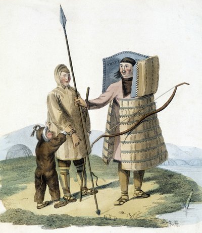 Venäläinen mies metsästyspuvussa vaimonsa ja lapsensa kanssa. tekijältä Unknown artist