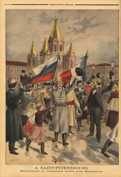 Venäläisiä vapaaehtoisia Pietarissa ranskalaiselle retkikunnalle Madagaskarista. Kaiverrus "" Le petit Journal" -lehdessä 28/04/1895. Selvan kokoelma. tekijältä Unknown artist