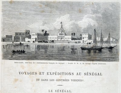 Saint-Louis, ranskalaisten laitosten pääkaupunki Senegalissa - "" Voyage et voyages au Sénégal"" Tour du Mondessa, 2. versio. 1861 tekijältä Unknown artist