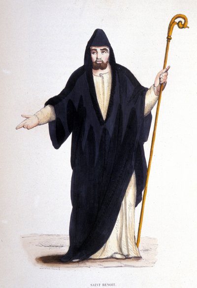 Pyhä Benedictus Nursialainen (syntynyt Murciassa (Murcia) Umbriassa noin 480 - 527). Kaiverrus albumista uskonnollisista määräyksistä, Pariisi tekijältä Unknown artist