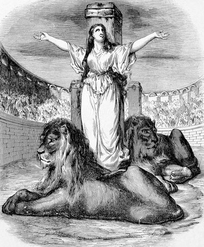 Saint Blandine, nuori kristitty orja, marttyyrikuolemassa leijonarenkaassa Lyonissa vuonna 177, kaiverrus tekijältä Unknown artist