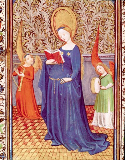 Pyhä Cecile kahden enkelimuusikon ympäröimänä Miniatyyri otettu "Portugalilaisen Edward I:n (Duarten) tunteista (1391-1438)" 1400-luvun Lissabon, Torre do Tombo tekijältä Unknown artist