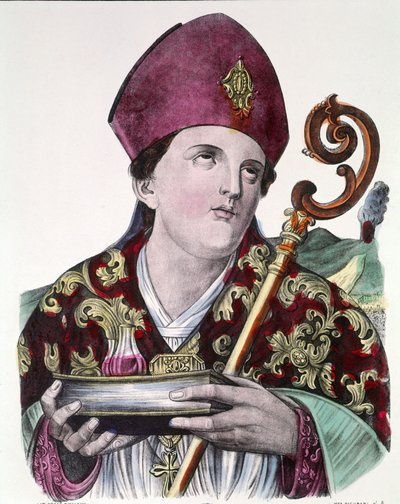 Pyhä Gennaro tai Saint Janvier, Napolin kaupungin suojelija, pitelee käsissään ampullia, joka sisältää hänen vertaan. Värillinen suosittu printti 1800-luvulta. tekijältä Unknown artist