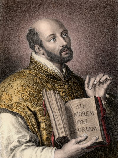 Muotokuva pyhä Ignatius Loyolasta (1491-1556), espanjalainen teologi, pitelee kädessään kirjaa, jossa on Jeesuksen seuran latinalainen motto "" Ad maiorem Dei gloriam"" (Jumalan suureksi kunniaksi) Ignatius tai Pyhä Ignatius tekijältä Unknown artist