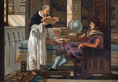 Saint Louis (1214-1270), Ranskan kuningas, ja hänen neuvonantajansa Saint Vincent de Beauvais (n. 1190-1264), "La Ciencia y sus Hombres par Louis Figuier" jälkeen. Barcelona 1881 tekijältä Unknown artist