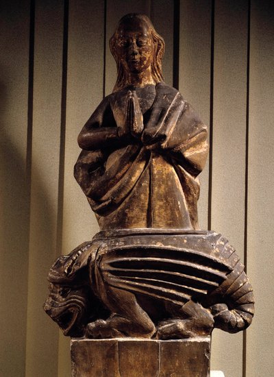 Pyhä Margarita demonin voittaja Veistos kiville 1400-luvulta. Compiegne Musee Vivenel tekijältä Unknown artist