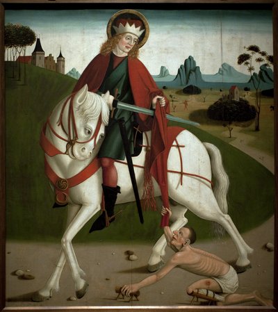 Pyhä Martinus ja kerjäläinen. Hän leikkasi takkinsa antaakseen sen kerjäläiselle. anonyymi maalaus, noin 1490. Magyar Nemzeti Galleria, Budapest, Unkari. tekijältä Unknown artist