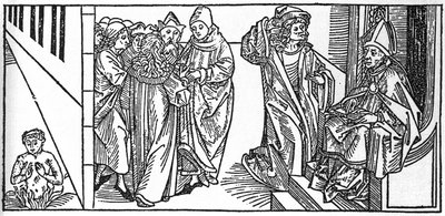 Pyhä Severin. Kaiverrus Jacobuksen (James) Voraginen (1228-1298) teoksesta "Pyhien elämä - kesäosa" (Pyhän kirja). Lyypekki 1488. tekijältä Unknown artist