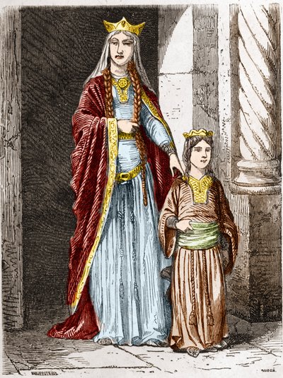 Saint Bathilde (tai Batilde, Bathylle, Beaudour) (626-680), frankkien kuningatar Clotairen kanssa. Kaiverrus teokseen "Ranskan historia sadassa Paul Lehugeurin maalauksessa" 1891 tekijältä Unknown artist