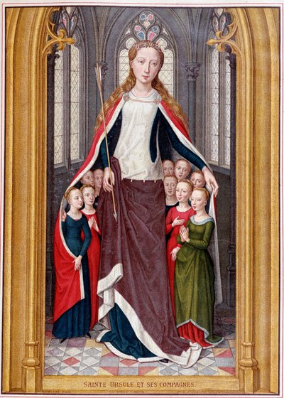 Sainte Ursula majoittaa kumppaninsa takkinsa alle Saint Ursulan metsästyksen jälkeen, Bruggessa, Memlingissä tekijältä Unknown artist