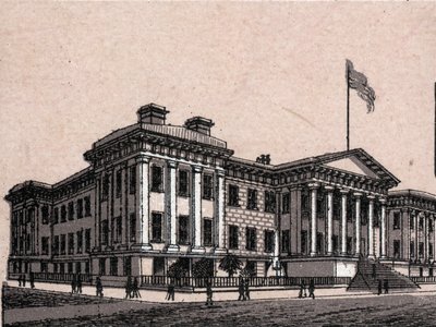 San Francisco, USA: näkymä Yhdysvaltain haaraliikkeen rahapajalle. kirjassa "" Maailma havainnollistaa 168 näkymää"" Päiväämätön (1800-luvun loppu) tekijältä Unknown artist