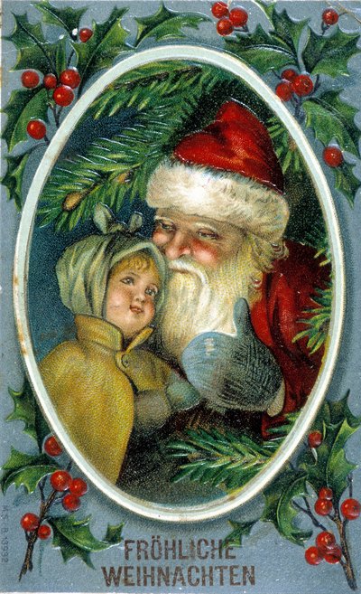 Joulupukki ja lapsi. 1800-luvun saksalainen postikortti. tekijältä Unknown artist