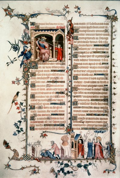 Saul uhkailee Daavidia, Kain tappaa Abelin, Eukaristian ja rakkauden vertaukset. Bellevillen breviaari. 1323-1326. neiti Lat. 10483 fol.24v. - Jean Maid. Bellevillen breviaari tekijältä Unknown artist
