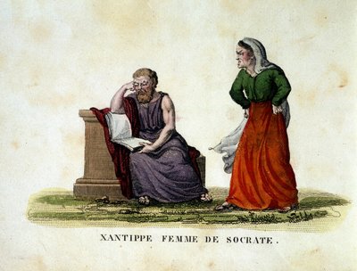 Scene de menage Sokrateen ja hänen vaimonsa Xantippen (Xanthippe) välillä - kaiverrus tekijältä Unknown artist