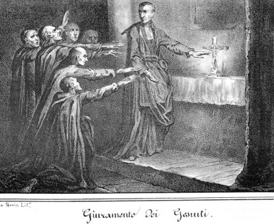 Kohtaus, jossa jesuiitit vannovat valaa. Kaiverrus 1800-luvun lopulta. tekijältä Unknown artist