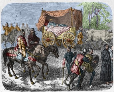 Laiskoja kuninkaita kuvaava kohtaus: Ranskan kuningas Thierry III (673-691) kantaa härkien vetämässä säiliössä. tekijältä Unknown artist