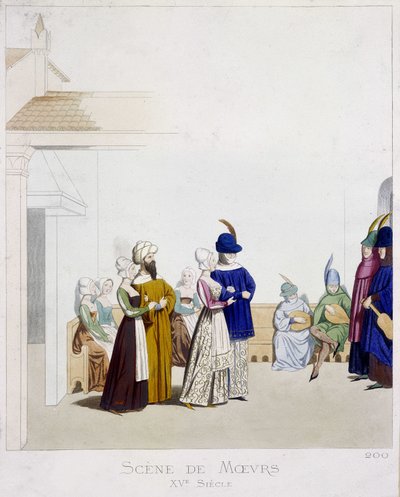Moraalin kohtaus: Karnevaalikohtaus - perustuu italialaiseen käsikirjoitukseen 1400-luvulta, Arts Deco. tekijältä Unknown artist