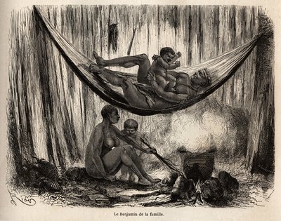 Kohtaus Yahuas-intiaanien perhe-elämästä San Josen (Peru) lähetystyössä, mies leikkii viimeisen n:n kanssa riippumatossa, kun vaimo ja nivuslapsi valmistelevat palmuchambiran varsia, jotka on tarkoitettu riippumattojen verkkojen tekemiseen. Yahuat ovat loi tekijältä Unknown artist