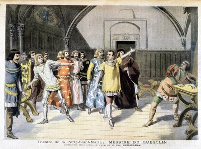 Kohtaus näytelmästä "" Messire Du Guesclin", Paul Déleèden draama, jota esitetään Porte Saint Martinin teatterissa. Le petit Journalissa, 3.11.1895. tekijältä Unknown artist