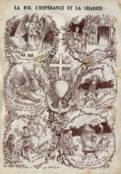 Kohtaukset, jotka kuvaavat uskoa, toivoa, rakkautta ja niiden vastakohtaa, uskottomuus, epätoivo ja egoismi. Kuvitus "" Le Pelerin" -lehdessä 27. maaliskuuta tekijältä Unknown artist