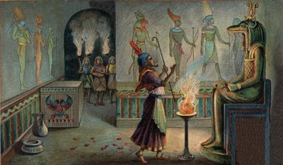 Scenes of Missing Kingdoms: Hautajaiset Egyptin mausoleissa. Palauttava faarao, joka ylipapin ominaisuudessaan vastasi edeltäjiensä kunniaksi suoritettavista uhreista, on nimenomaan virkamies jumalan edessä. tekijältä Unknown artist