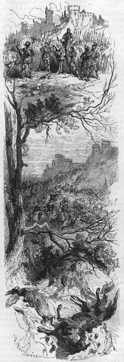 Taistelukohtauksia. Ludvig XI antoi kaulakorun Raoul de Lannoille (1481), Combat de Therouannelle (1480) ja Marie de Bourgognelle, jotka loukkaantuivat hevosen putoamisesta (1482). Kaiverrus 1800-luvulta. tekijältä Unknown artist