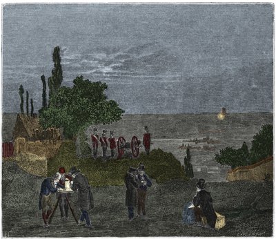 Tieteellinen kokeilu: Humboldtin, Louis-Joseph Gay-Lussacin (Louis Joseph Gay Lussacin), Bouvardin, Pronyn ja Mathieun laskema äänen nopeus, joka määrittää ajan, joka kuluu valon havaitsemisen ja laukauksen välillä, yönä tekijältä Unknown artist