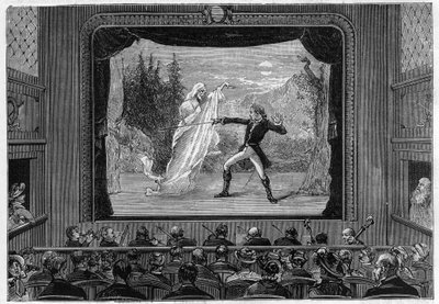 Tieteelliset esitykset: elävät spektrit. Koe spektrit teatterin näyttämöllä. Koomikko taistelee haamua vastaan. Kaiverrus "" La Nature"" tekijältä Unknown artist