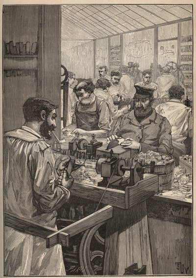 Meripaljetti: meripalettiputkien valmistus. Kaiverrus vuodelta 1885 kirjassa "Les arts et metiers illustres", kirjoittanut Adolphe BITARD. tekijältä Unknown artist