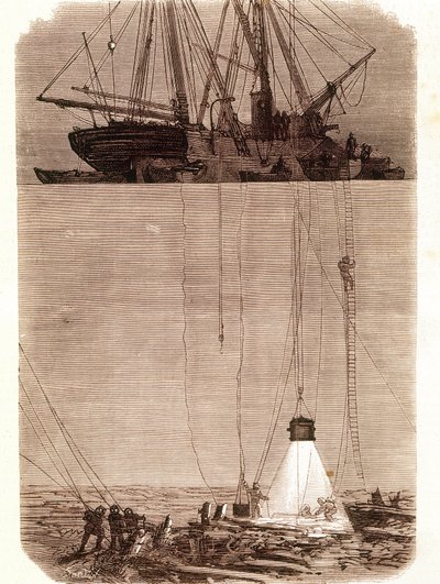 Etsi Vigon lahdella vuonna 1702 haaksirikkoutuneita espanjalaisia galleoneja. Sivu otettu "" Emporio Picturescosta"" 1871 tekijältä Unknown artist