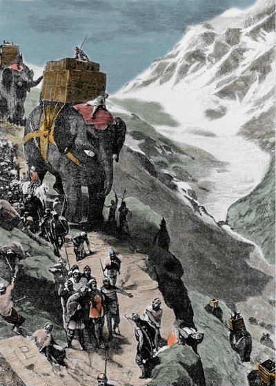 Toinen puunilaissota. Hannibal Barcan armeija ylitti Alpit, 218 eaa. Italialainen kaiverrus 1800-luvulta. tekijältä Unknown artist
