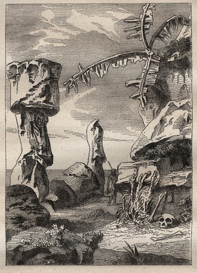 Kapteeni James Cookin (1728-1779) toinen matka (1772-1775): Pääsiäissaaren monumentit (monumentaaliset patsaat, moai) - kuva otettu teoksesta "" 1700-luvun suuret merenkulkijat"" tekijältä Unknown artist