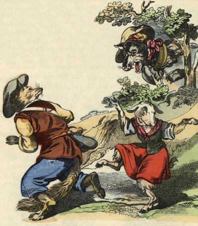 Nähdessään suden Mestari Fox pakeni jättäen Pikku Chevreten vaaraan. Kuvitus tarinasta "Bon medor ja pieni Chevrette". "" Tarinoita kodista pienimmille"". Anonyymi kaiverrus 1800-luvulta. tekijältä Unknown artist