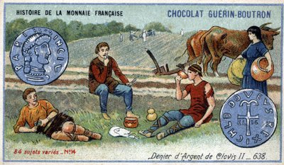 Sarja Ranskan valuutan historia, julkaisija Chocolat Guérin Boutron. 1800-luvun kromolitografia. Clovis II:n hopea denier vuonna 638 tekijältä Unknown artist
