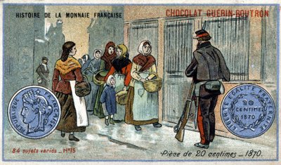 Sarja Ranskan valuutan historia, julkaisija Chocolat Guérin Boutron. 1800-luvun kromolitografia. 20 sentin kolikko vuonna 1870 tekijältä Unknown artist