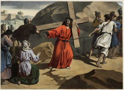 Hän kiipesi Golgatalle: ristiänsä kantava Jeesus lohdutti Jerusalemin tyttäriä. Anonyymi kaiverrus 1800-luvun puolivälistä. tekijältä Unknown artist