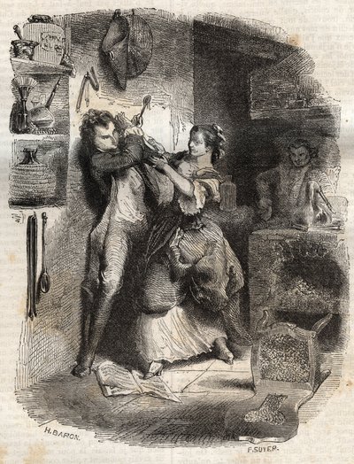 Hän levitti minulle kasvoni, ja kaikki tämä oli herkullista - Kuvitus Jean-Jacques (Jean Jacques) Rousseaun (1712-1778) "" tunnustuksista - kaiverrus vuodelta 1849 tekijältä Unknown artist