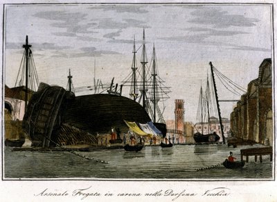 Laiva ammuttiin alas runkoon. Venetsialainen fregatti, jonka runkoa korjataan arsenaalissa. Kaiverrus 1800-luvulta. tekijältä Unknown artist