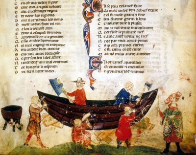 Laivanrakennus ja tiivistys 1200-luvulla. Benoit de Saint Mauren "Roman de Troy" -miniatyyri. 1300-luvun Biblioteca Marciana, Venetsia tekijältä Unknown artist