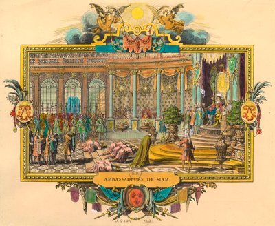 Siamin suurlähettiläät kuningas Ludvig XIV:n hovissa vuonna 1686. Kaiverrus. Yksityinen kokoelma tekijältä Unknown artist