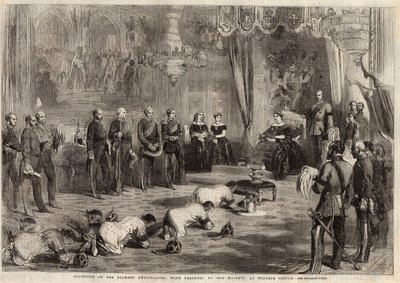Siamin suurlähettiläät ryömivät kuningatar Victoria Ieren (1819-1901) ja prinssi Albertin (1819-1861) luo vieraillessaan Windsorin linnassa. Kaiverrus 5. joulukuuta 1857 julkaistuun kuvitettuun London News -lehteen. tekijältä Unknown artist