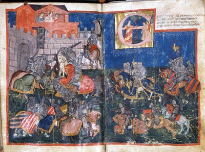 Kaarle Suuren Pamplonan piiritys Espanjassa "Entree of Spain" -miniatyyri. 1300-luvun Venetsia, Biblioteca Marciana. tekijältä Unknown artist